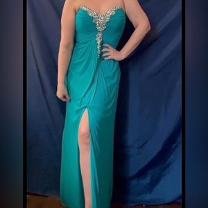 Turquoise, jeweled, bodice evening gown